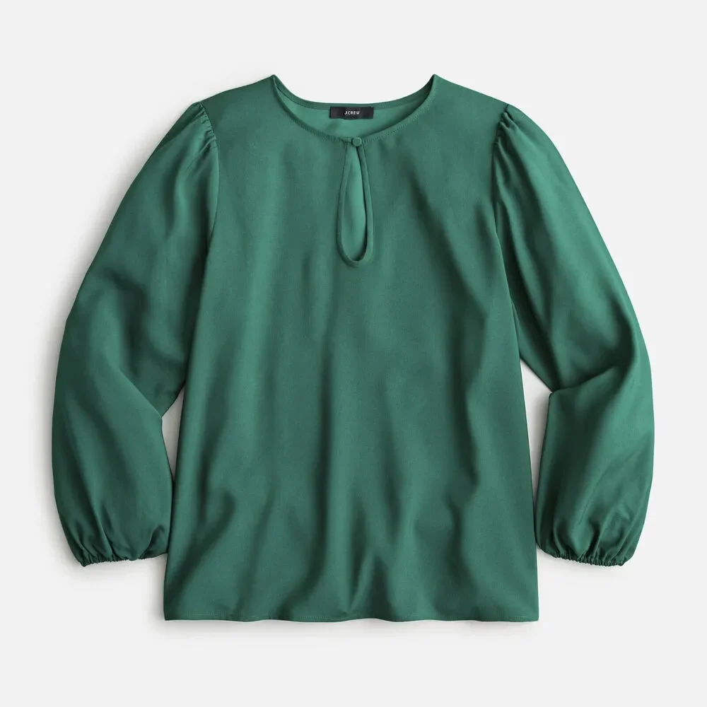 J. Crew Puff Sleeve Satin Back Crepe Top Emerald Green Blouse M NEW Office Chic